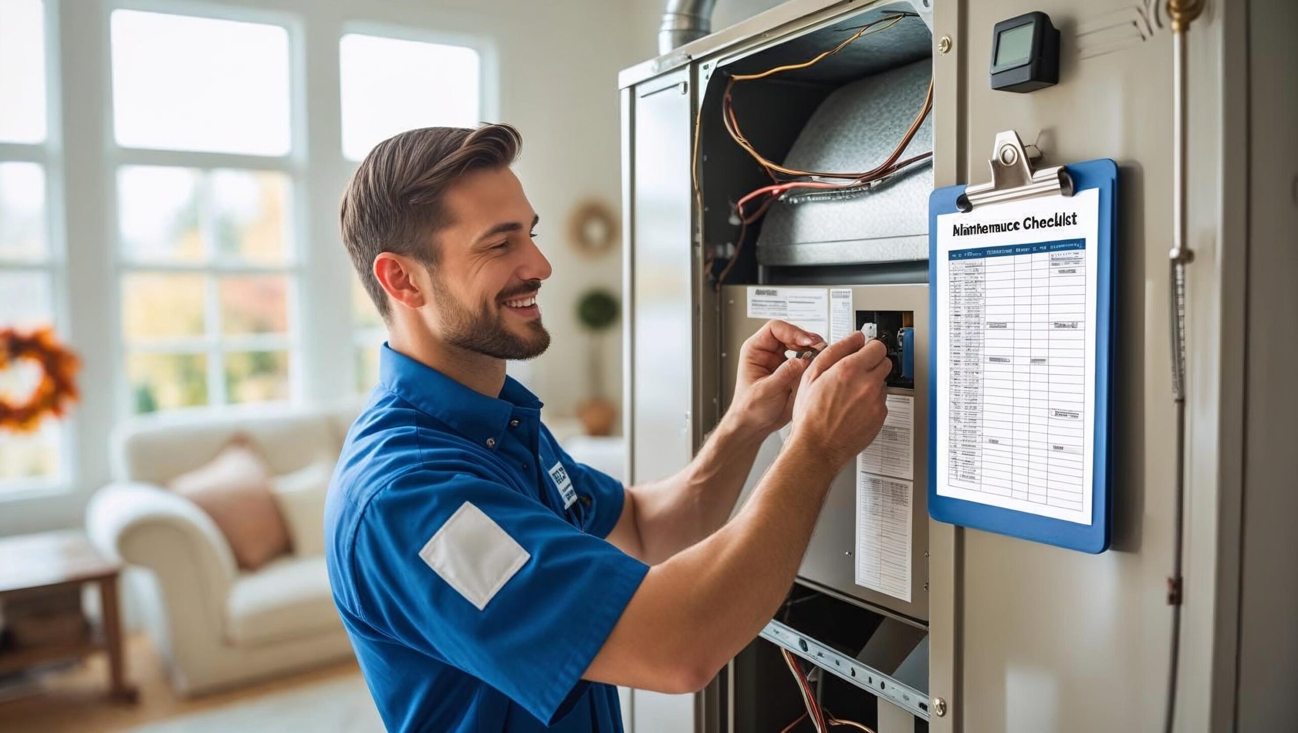 ““HVAC technician performing seasonal maintenance on a home heating system, reviewing checklist beside furnace to ensure efficient and reliable year-round operation.