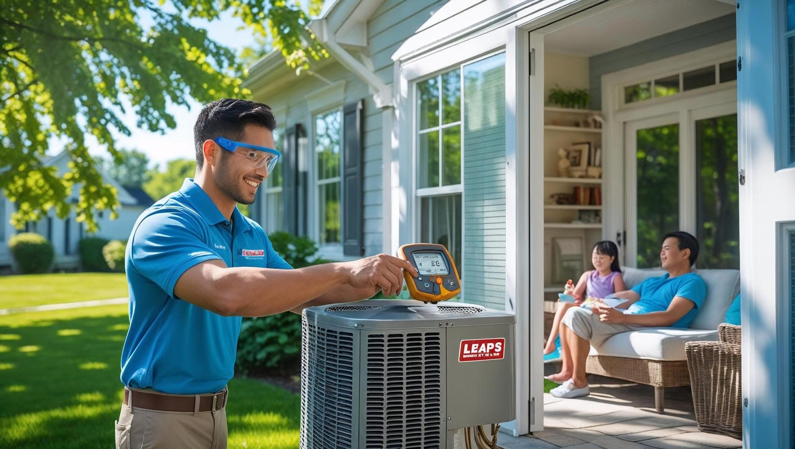 Leaps & Bounds HVAC technician checking an outdoor AC unit on a sunny day in Harrisburg, while a family relaxes comfortably inside, representing expert cooling services during hot summer months.