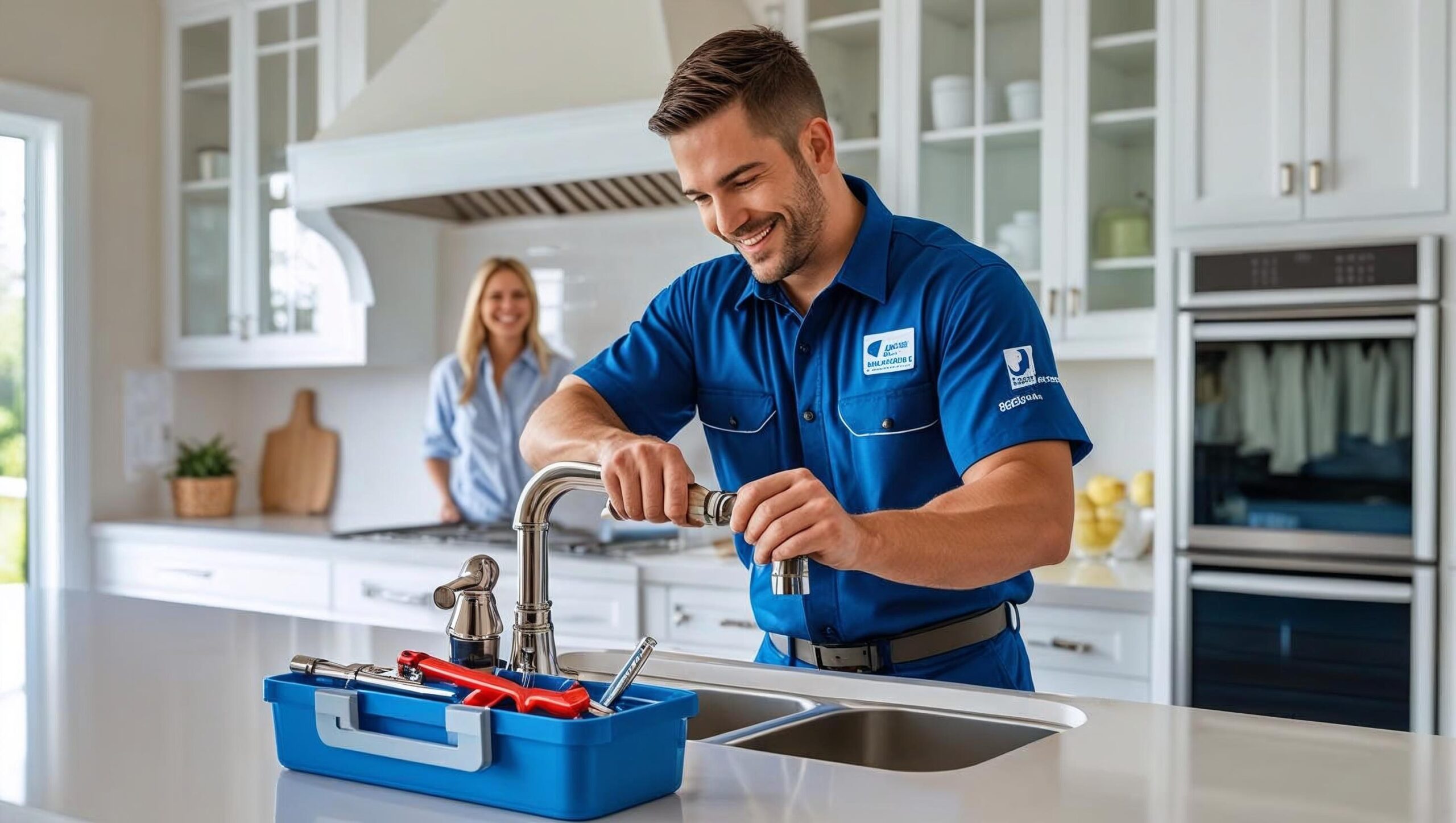 “Plumber installing a residential water heater in a bright, clean home setting, representing full-service plumbing support for Lancaster homeowners.