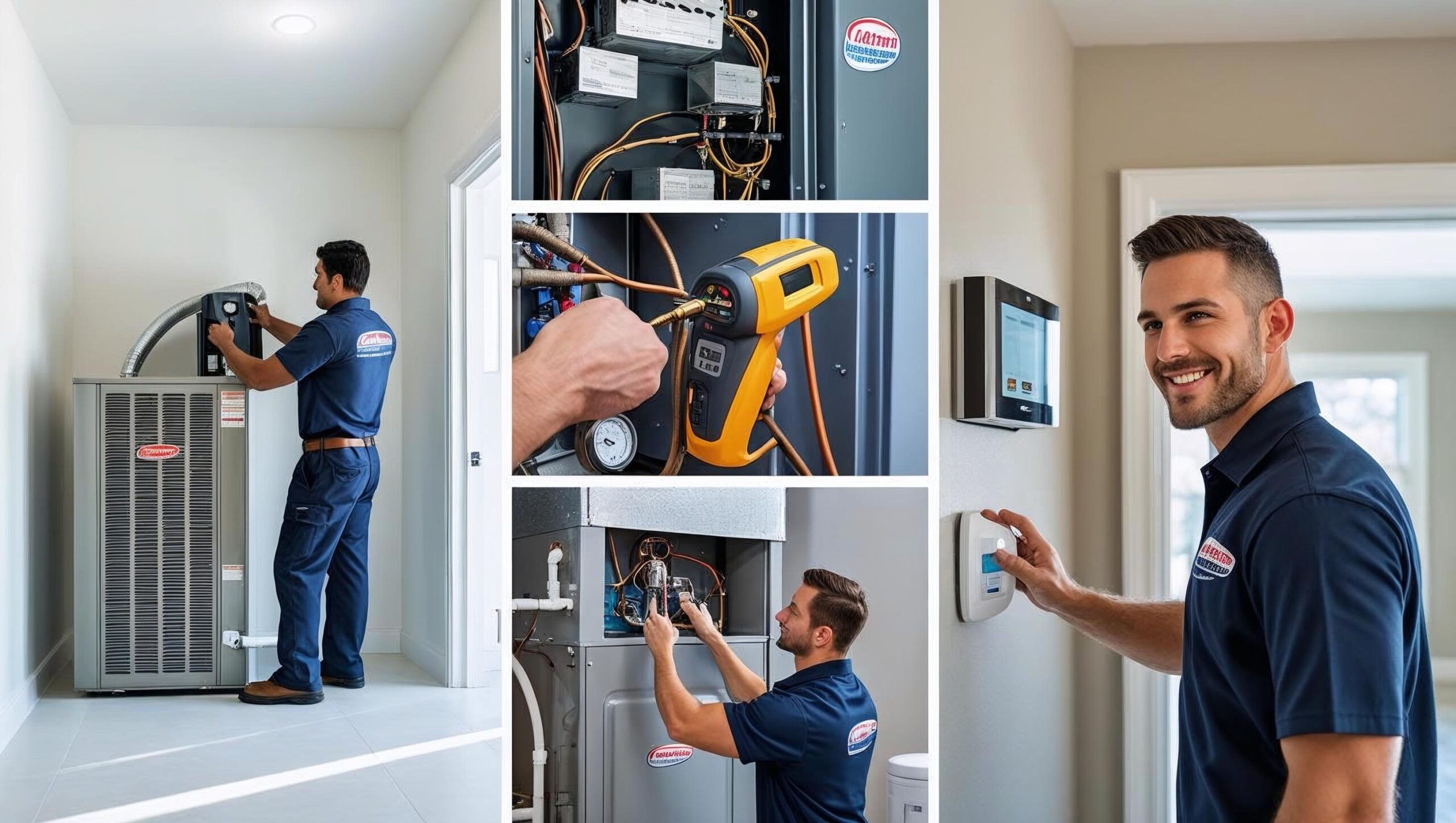 A collage of HVAC services including furnace installation, air conditioner tune-up, heat pump diagnostics, boiler inspection, and a homeowner adjusting a smart thermostat, representing customized heating and cooling solutions.