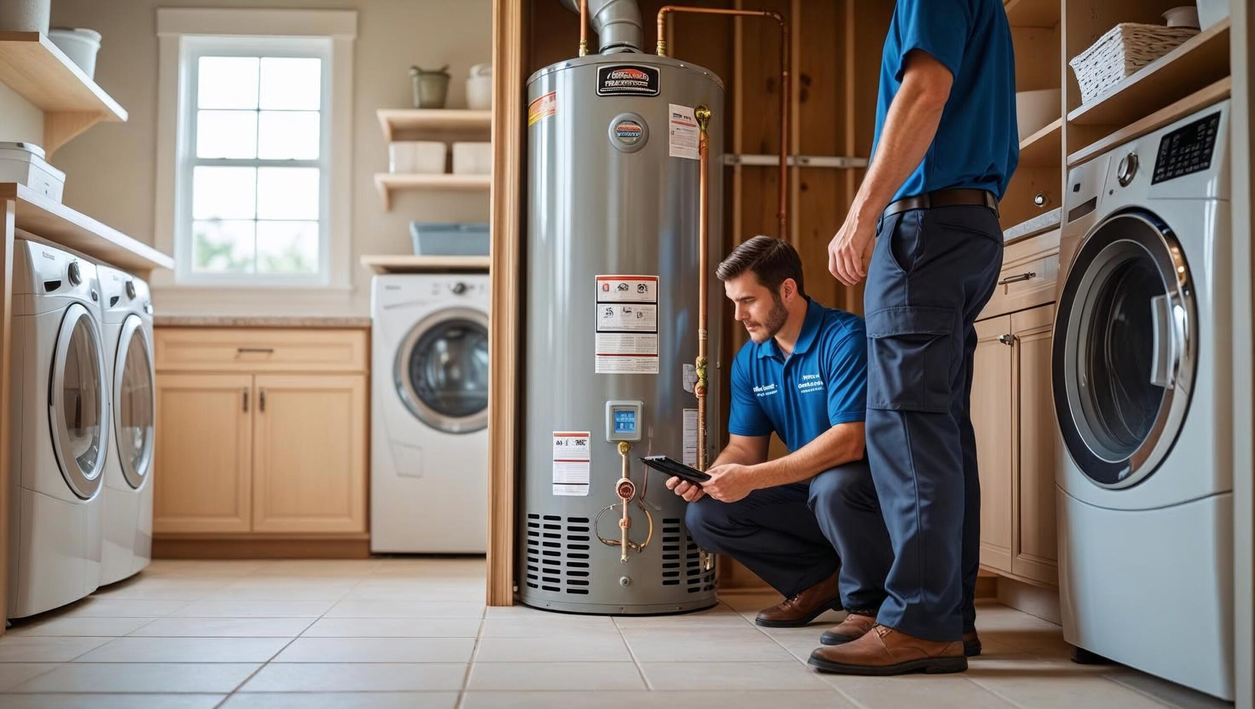 Leaps & Bounds technician servicing a water heater in a Harrisburg home utility room, demonstrating professional repair and installation of traditional and tankless systems for reliable hot water.