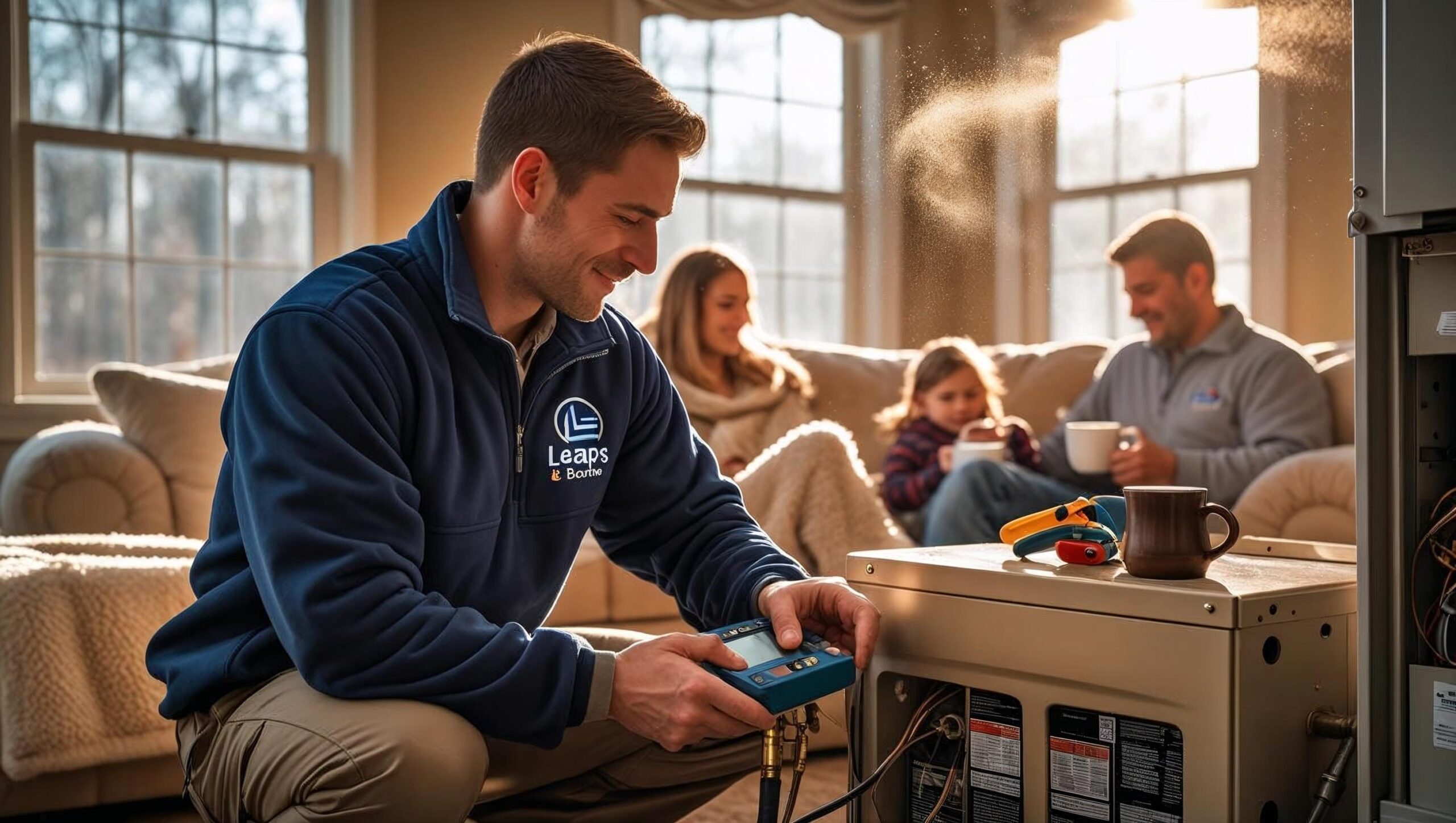 Leaps & Bounds HVAC technician inspecting a furnace inside a Harrisburg home during winter, while a family relaxes in a cozy living room, symbolizing dependable heating service and seasonal comfort.