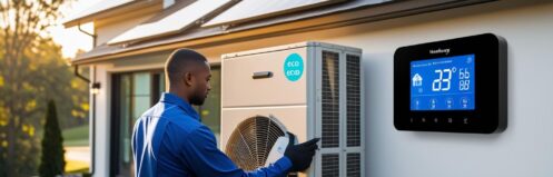 A modern Harrisburg home with an energy-efficient HVAC heat pump system being serviced by a technician. Solar panels on the roof and a digital eco thermostat symbolize comfort and sustainability.