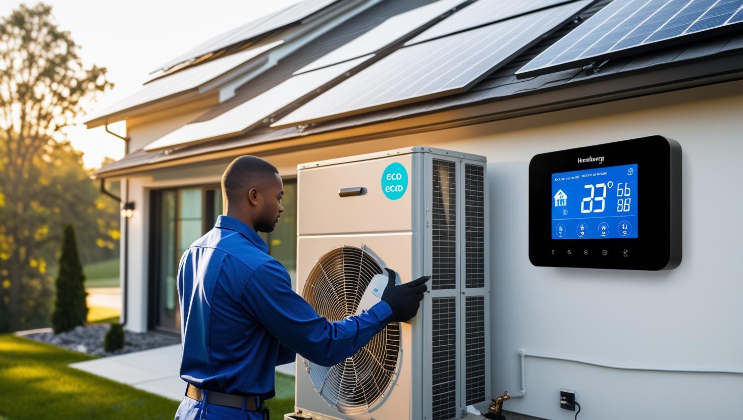 A modern Harrisburg home with an energy-efficient HVAC heat pump system being serviced by a technician. Solar panels on the roof and a digital eco thermostat symbolize comfort and sustainability.
