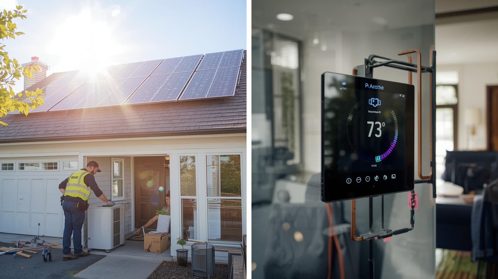 A modern Harrisburg home with an energy-efficient HVAC heat pump system
being serviced by a technician. Solar panels on the roof and a digital eco thermostat
symbolize comfort and sustainability.