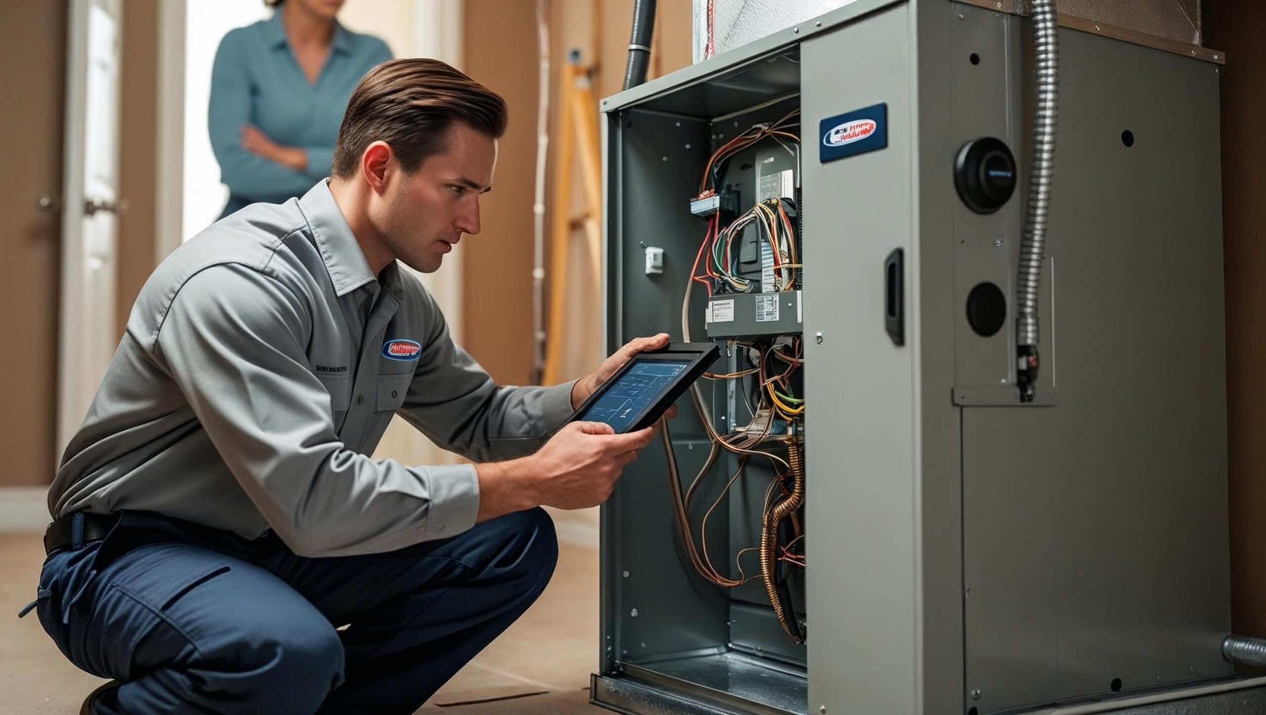 HVAC technician inspecting an indoor furnace with a digital tool while homeowner looks on, representing fast and reliable HVAC repair services.