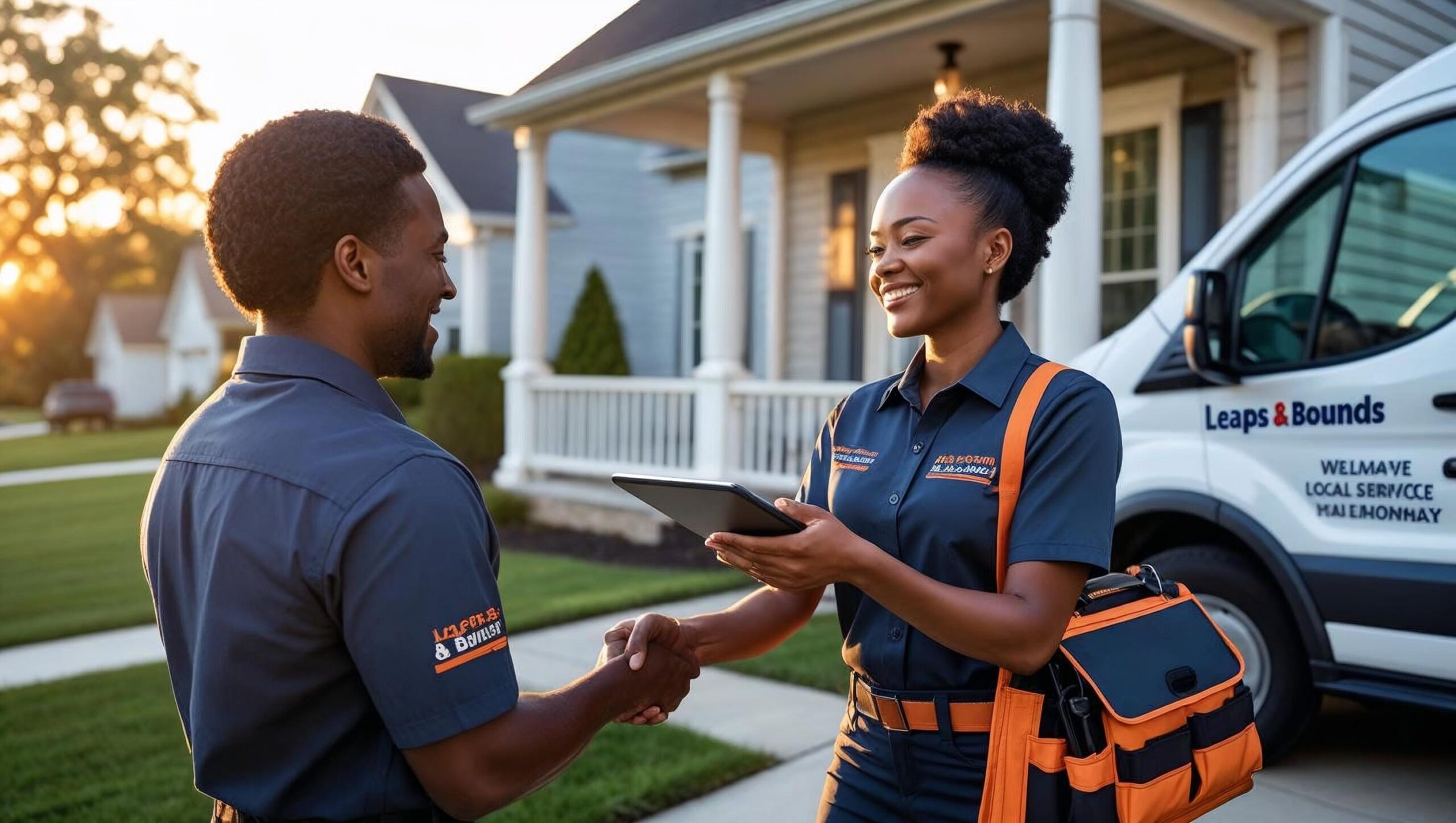 Leaps & Bounds HVAC technician greeting a smiling Harrisburg homeowner at their front door, symbolizing fast, friendly, and respectful service that puts customer comfort first.