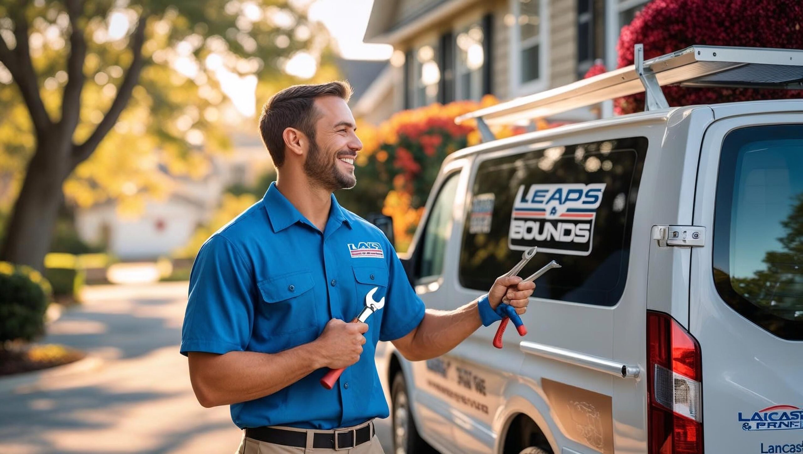 HVAC technician greeting homeowner beside branded service van and outdoor AC unit, representing full-service heating and cooling care for Lancaster homes.