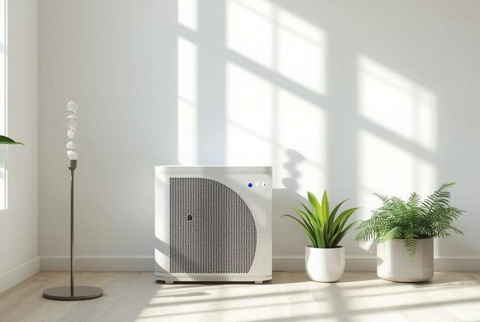 Bright, airy living room with air purifier, indoor plants, and clean air vents, illustrating Leaps & Bounds indoor air quality solutions for healthier homes in Camp Hill, PA.