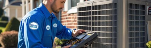 Certified HVAC technician inspecting a residential heating and cooling unit outside a Harrisburg, PA home, symbolizing professionalism, seasonal preparedness, and reliable installation.