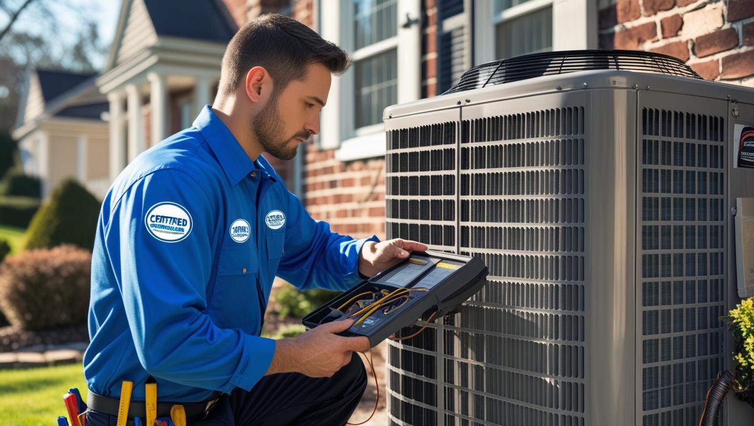 Certified HVAC technician inspecting a residential heating and cooling unit outside a Harrisburg, PA home, symbolizing professionalism, seasonal preparedness, and reliable installation.