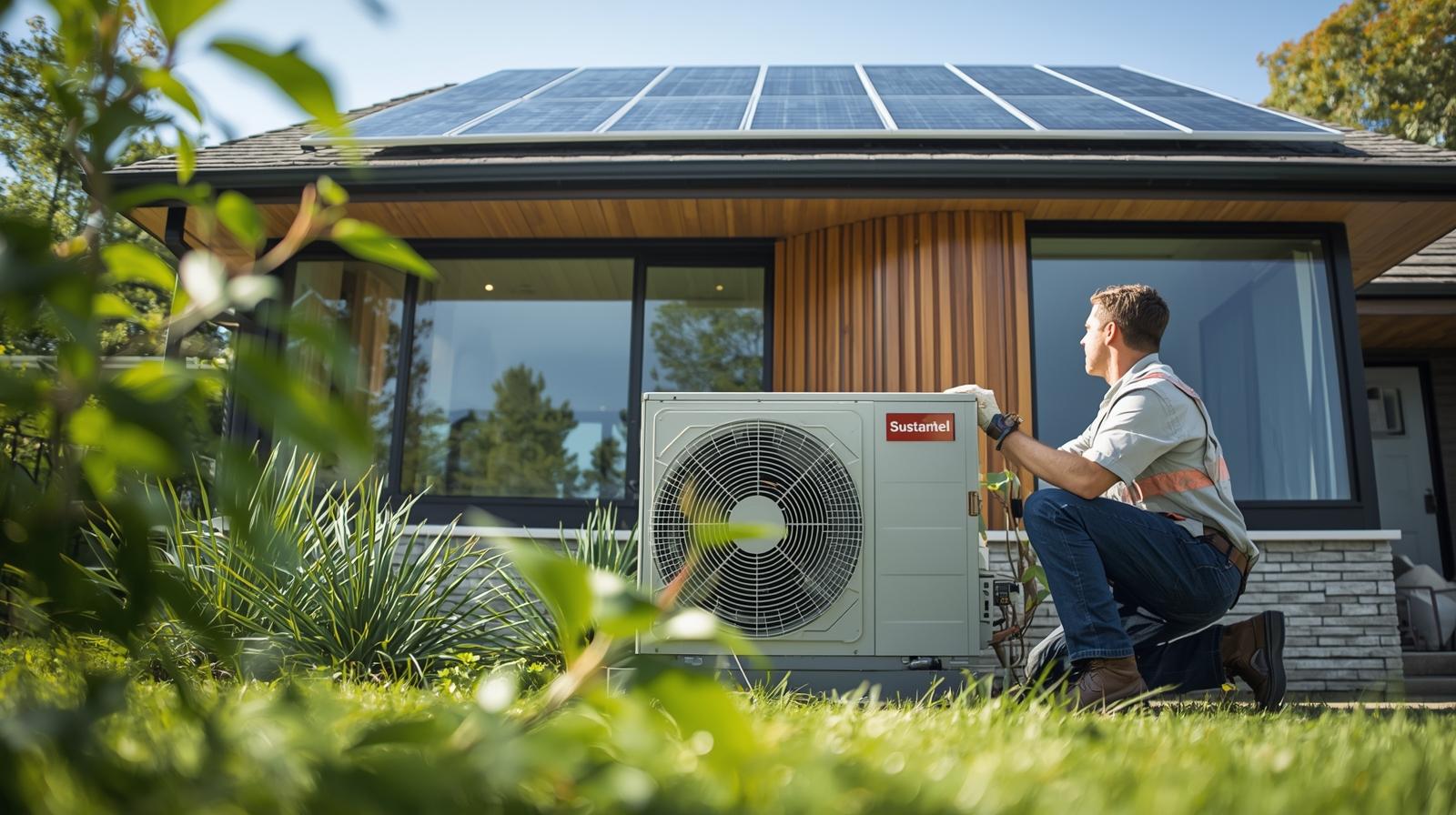 Geothermal HVAC system being inspected by a technician outside a sustainable Lancaster home with solar panels, green landscaping, and eco-friendly design elements.
