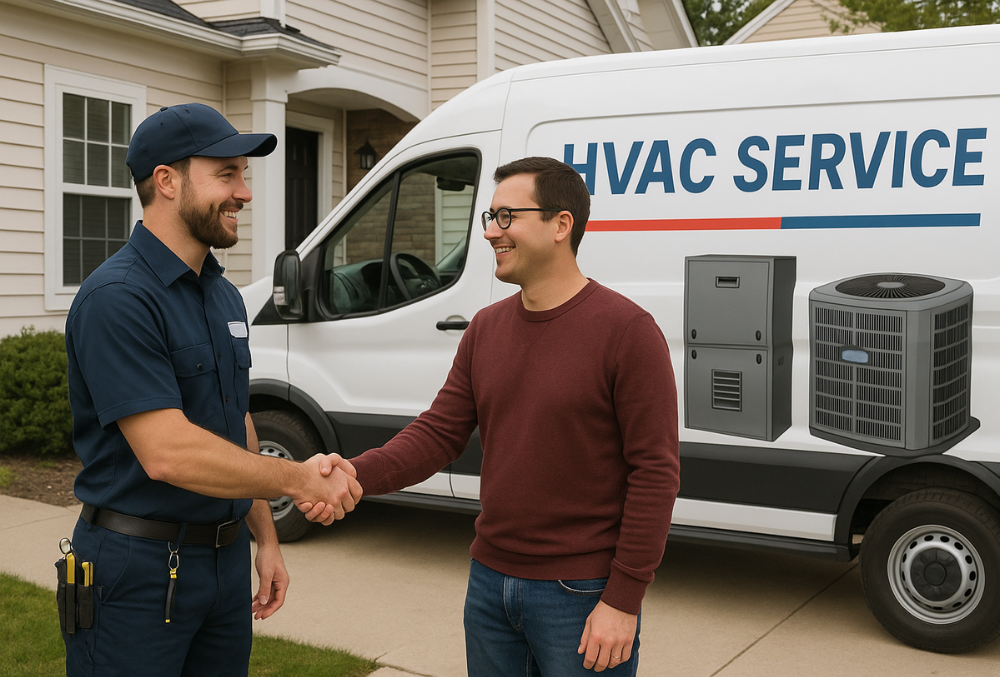 HVAC technician shaking hands with a Harrisburg homeowner outside a suburban house, with a service van in the background showing heating and cooling equipment