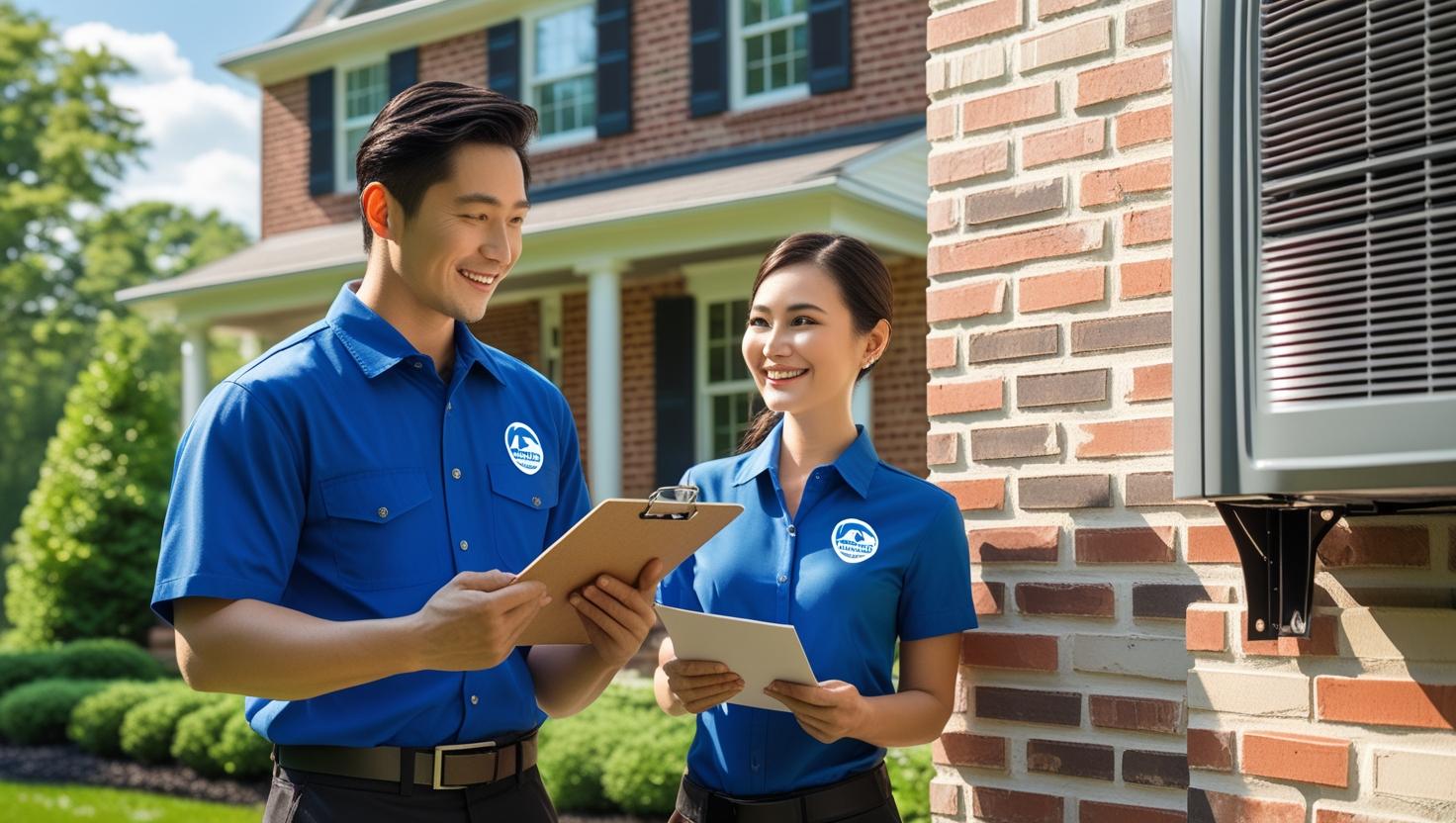 HVAC technician discussing a pricing estimate with a homeowner beside an air conditioning unit outside a Lancaster, PA home.