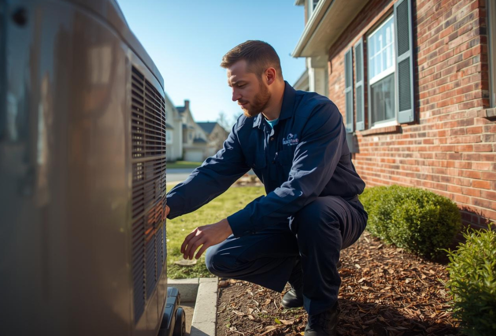 HVAC technician in navy-blue uniform inspecting an outdoor AC unit beside a brick
house in a suburban neighborhood.
