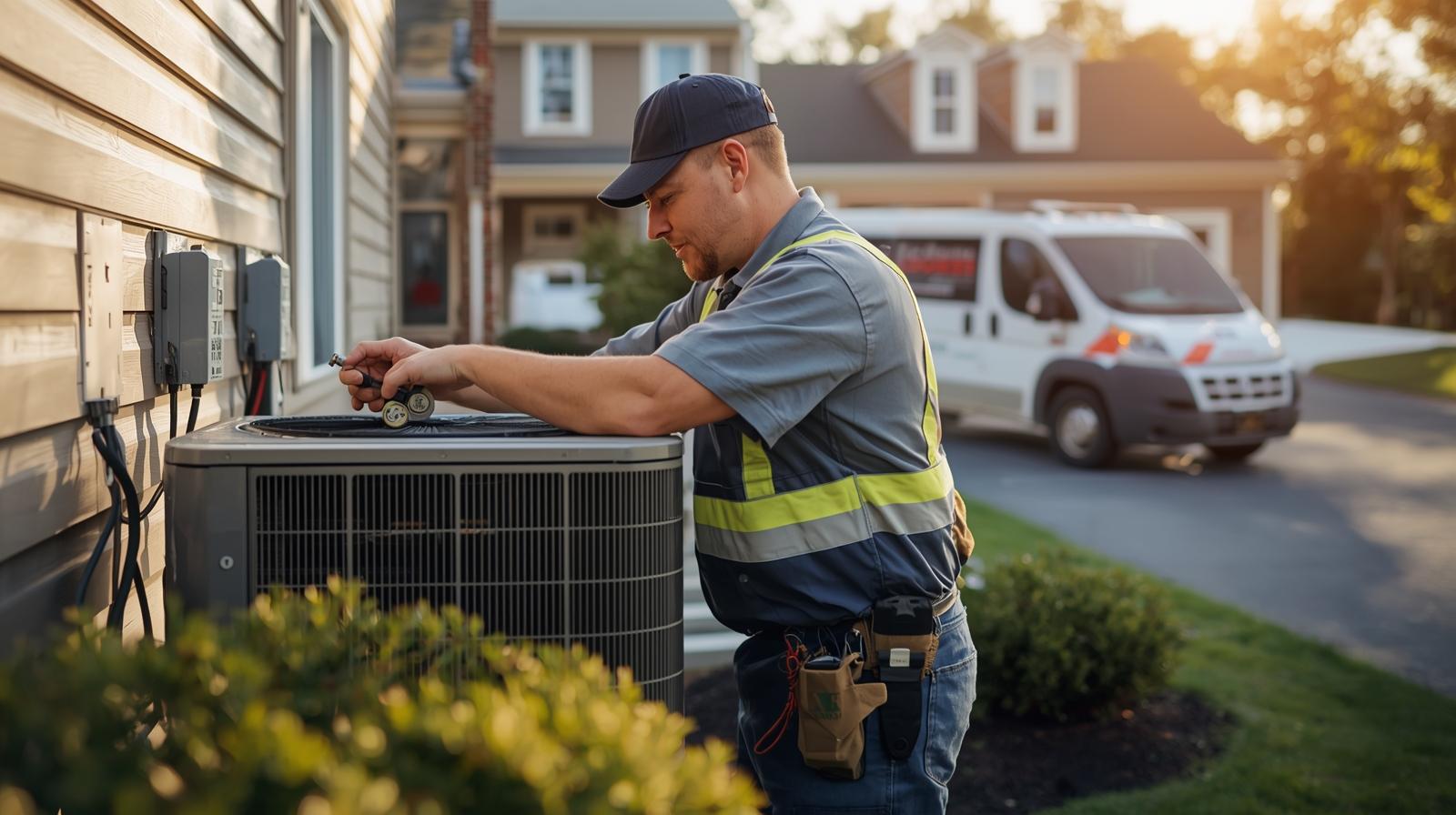 Leaps & Bounds HVAC technician servicing an outdoor AC unit in front of a suburban home in Camp Hill, PA, with branded service van in the background.