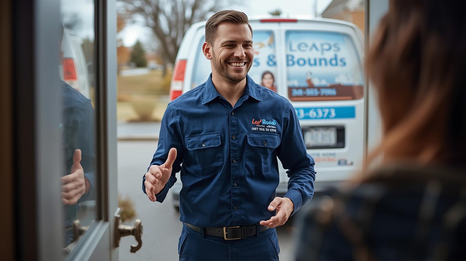 Leaps & Bounds HVAC technician greeting a homeowner