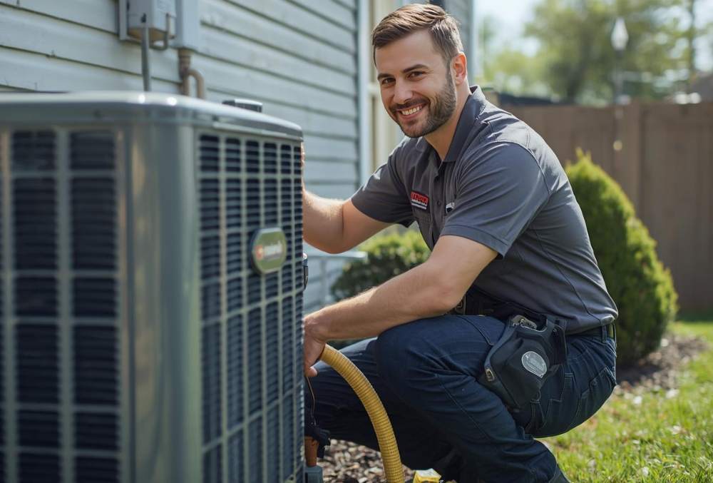 Licensed HVAC technician from Leaps & Bounds HVAC servicing a residential air conditioning unit in York, PA, representing trustworthy heating, cooling, and plumbing services for local homeowners.