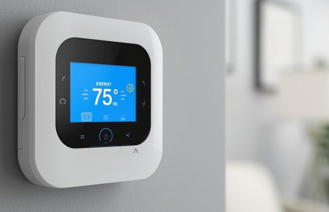 Modern programmable thermostat on wall with energy-efficient temperature setting, symbolizing Leaps & Bounds energy-saving HVAC tips and upgrades in Camp Hill, PA