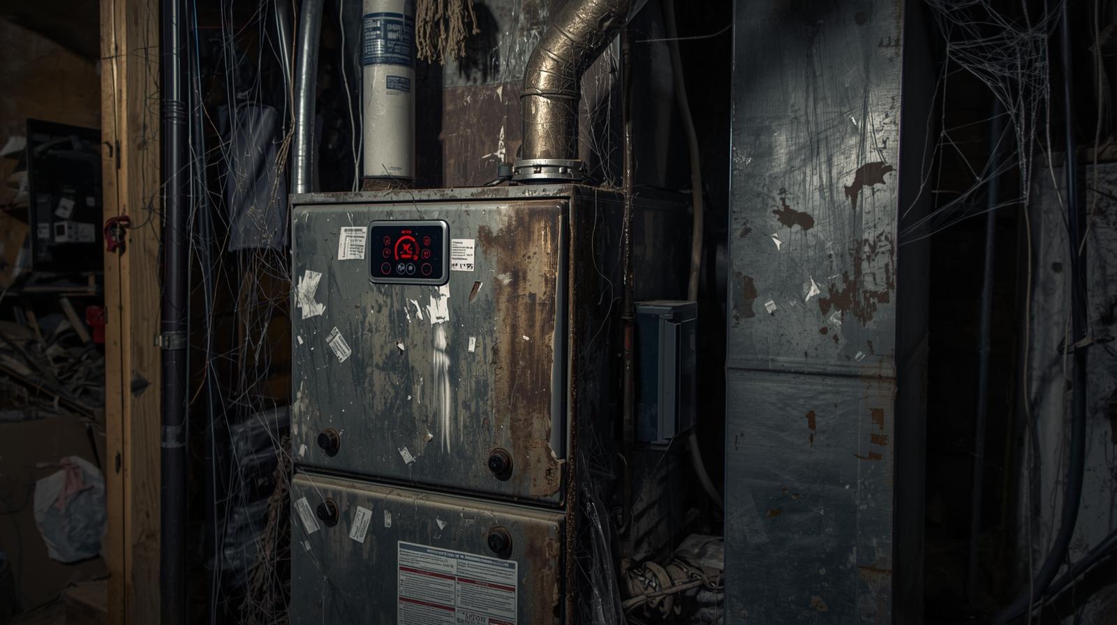 An aging, scratched furnace with rust and peeling stickers sits in a dim basement. Dust, cobwebs, and a frayed duct are visible. A modern thermostat displays an error icon, highlighting that the outdated furnace no longer meets the homeowner’s needs.