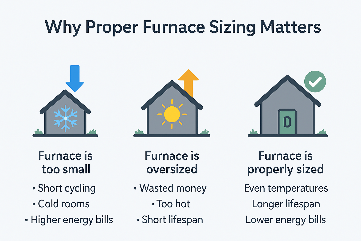 Infographic showing three Harrisburg homes: one with a too-small furnace (cold residents), one oversized (too hot, wasted money), and one properly sized (comfortable residents), with clear icons and arrows explaining furnace sizing’s impact on energy use, comfort, and costs.