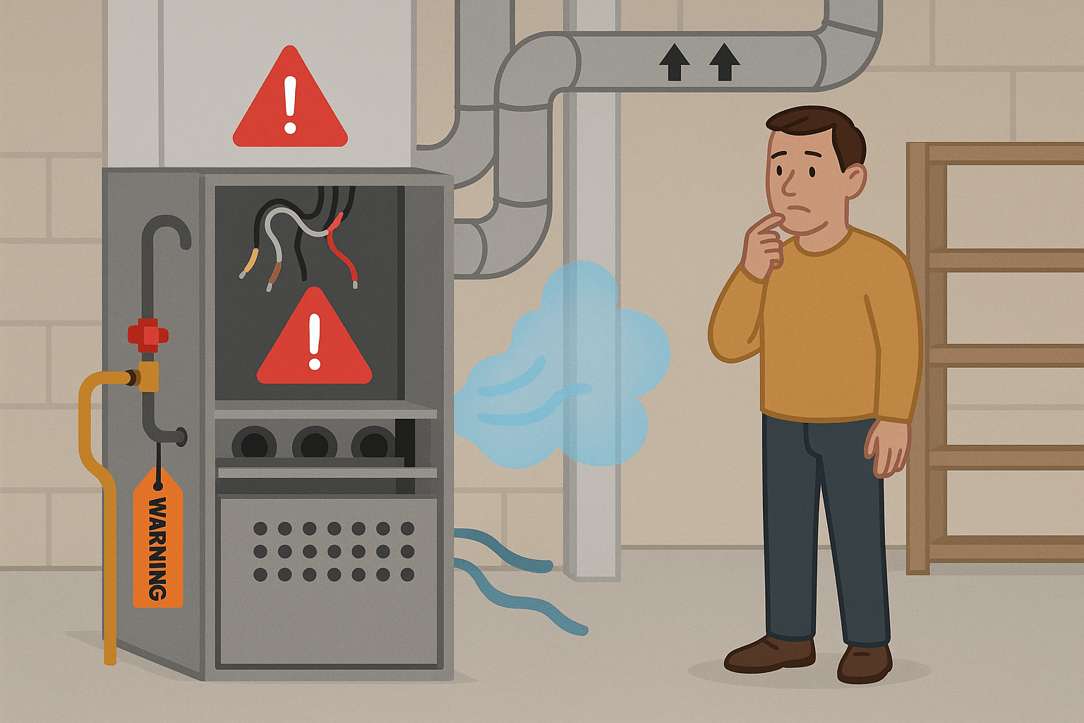 Basement furnace installation with illustrated warning signs for common DIY risks including gas leaks, faulty wiring, and blocked airflow