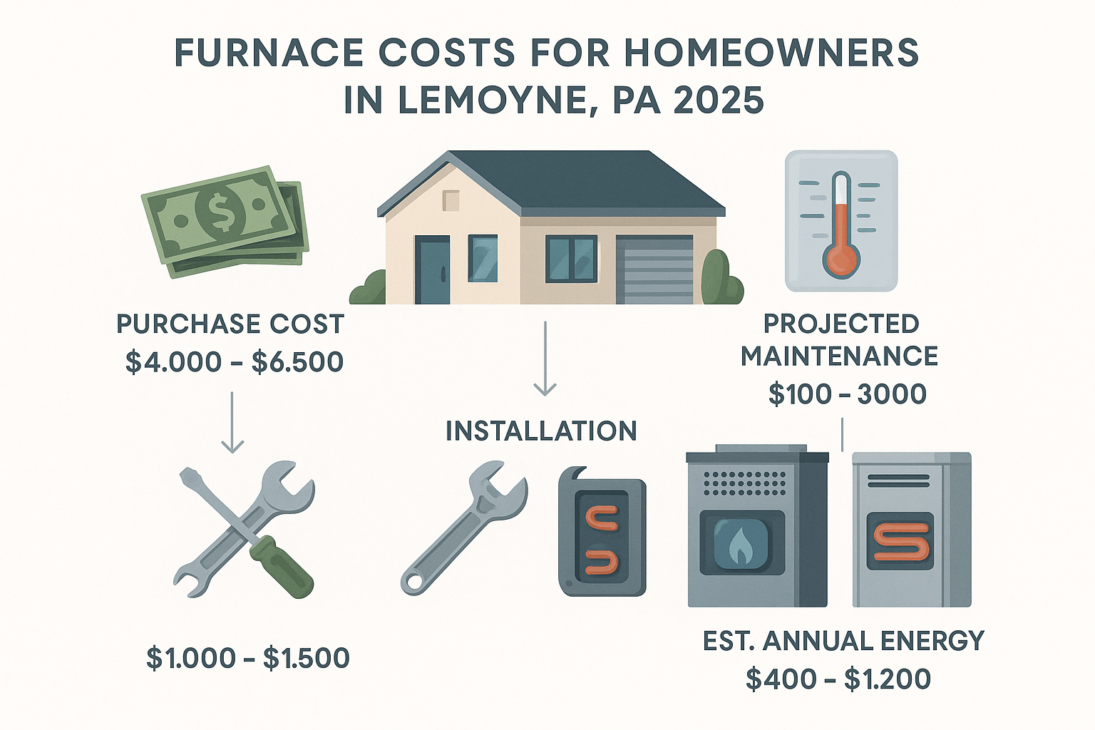 Minimalist infographic showing 2025 furnace costs in Lemoyne, PA, with labeled sections, vector illustrations of homes and furnaces, and icons for purchase, installation, maintenance, and energy expenses. Uses clear colors, textures, and clean design for homeowner clarity.