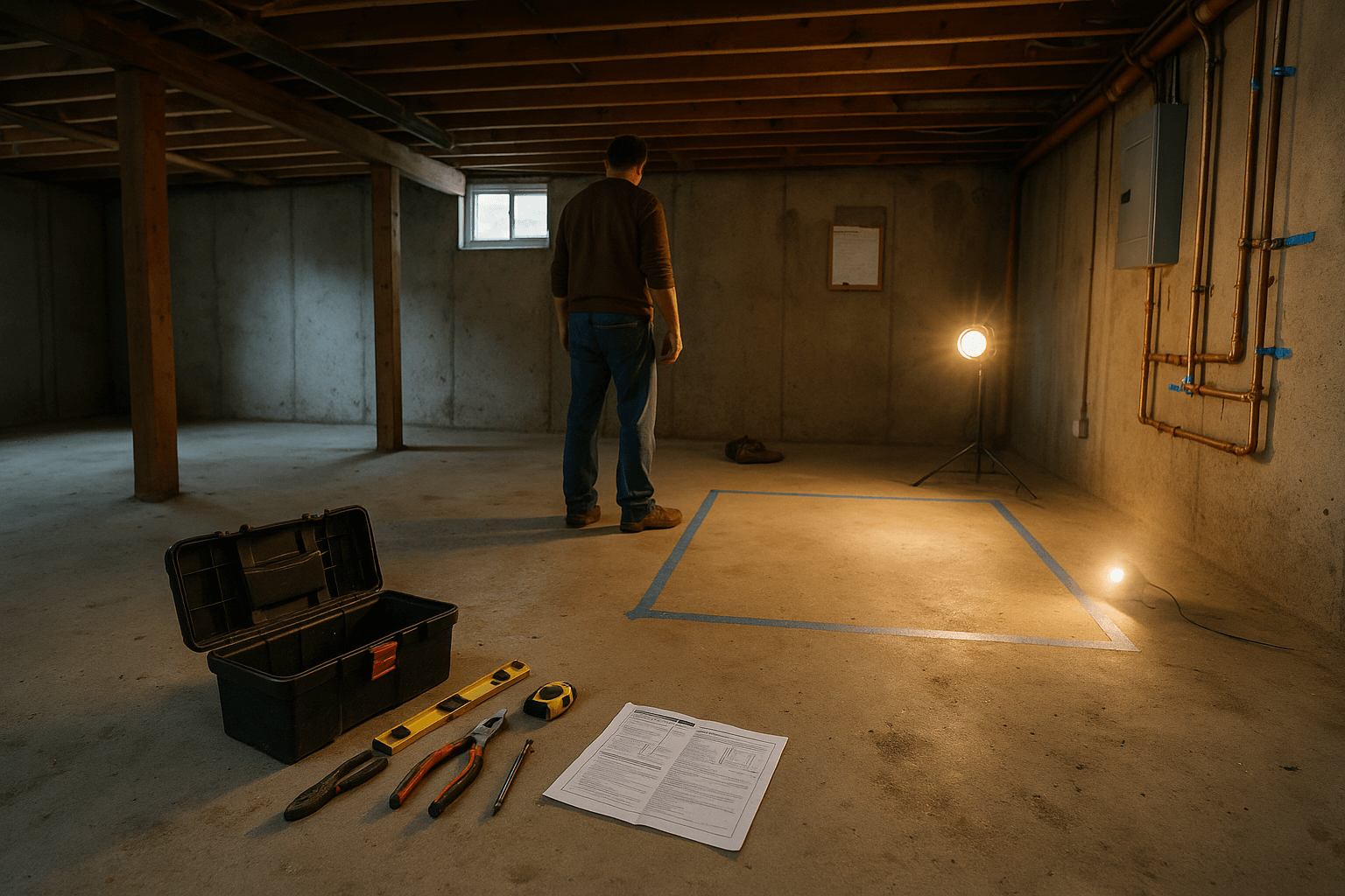 A Lemoyne homeowner prepares an unfinished basement for furnace installation, with cleared space marked by blue tape, exposed pipes, a toolbox, scattered tools, and installation instructions. Daylight and a work lamp highlight the well-organized, authentic home improvement scene.