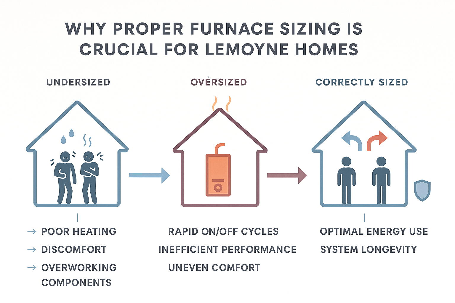 Minimalist infographic showing three panels: undersized furnace causing discomfort, oversized furnace wasting energy, and correctly sized furnace providing efficient comfort for Lemoyne homes. Clear icons, blue and burgundy tones, and directional lines highlight the importance of proper furnace sizing.