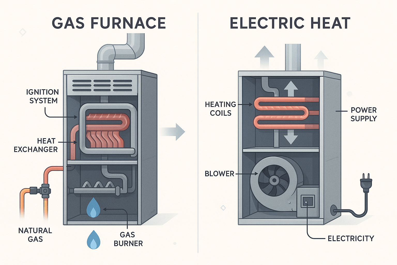 Infographic compares gas and electric furnaces: labeled vector illustrations show key components, energy sources, and heat flow in each system. The gas furnace features a blue flame icon and exhaust vent; the electric system displays heating coils and blower. Designed for homeowner and classroom education.