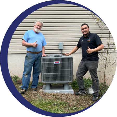 a technician and a home owner give the thumbs up to the camera next to an air conditioner