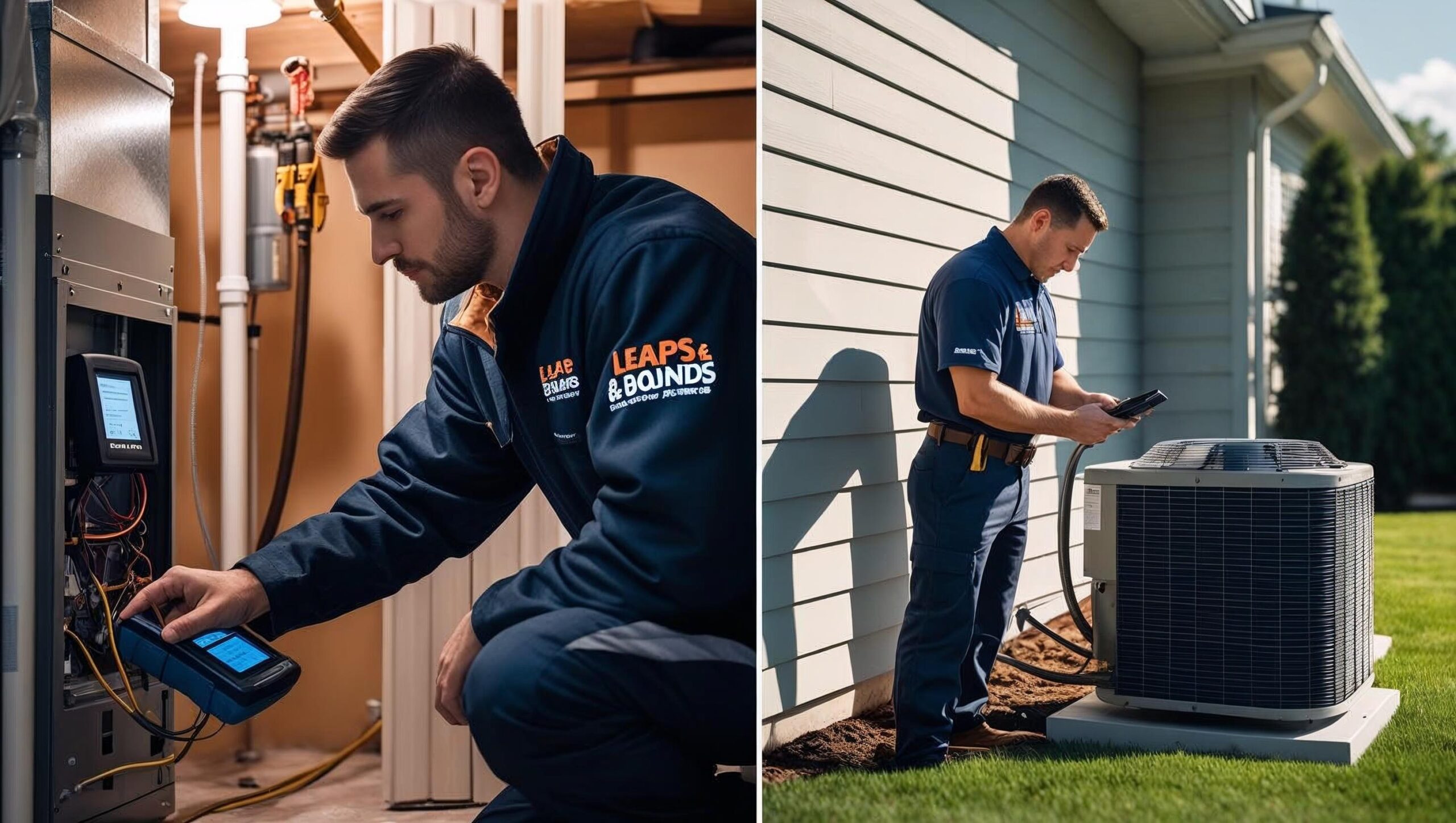Split-screen image of a Leaps & Bounds HVAC technician inspecting a furnace inside a cozy home on one side, and servicing an outdoor AC unit on a sunny day on the other, representing year-round heating and cooling solutions in Harrisburg.