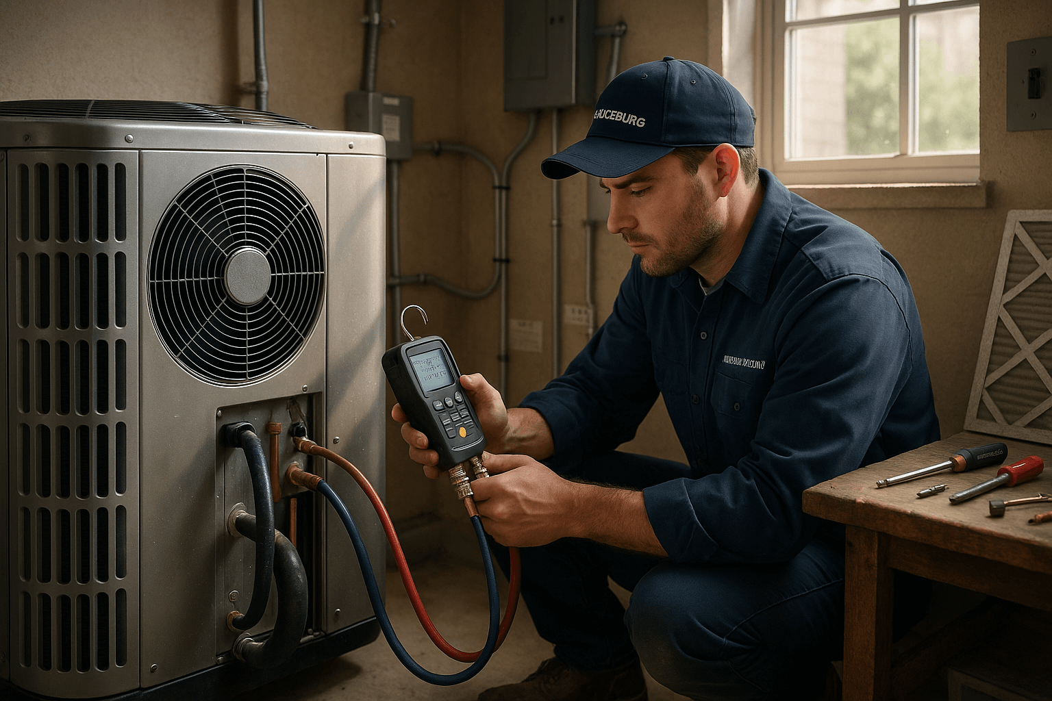 A heating technician in a navy blue uniform services a modern heat pump in a Mechanicsburg home utility room, with diagnostic tools, scattered filters, and sunlight illuminating the realistic, detailed residential workspace.