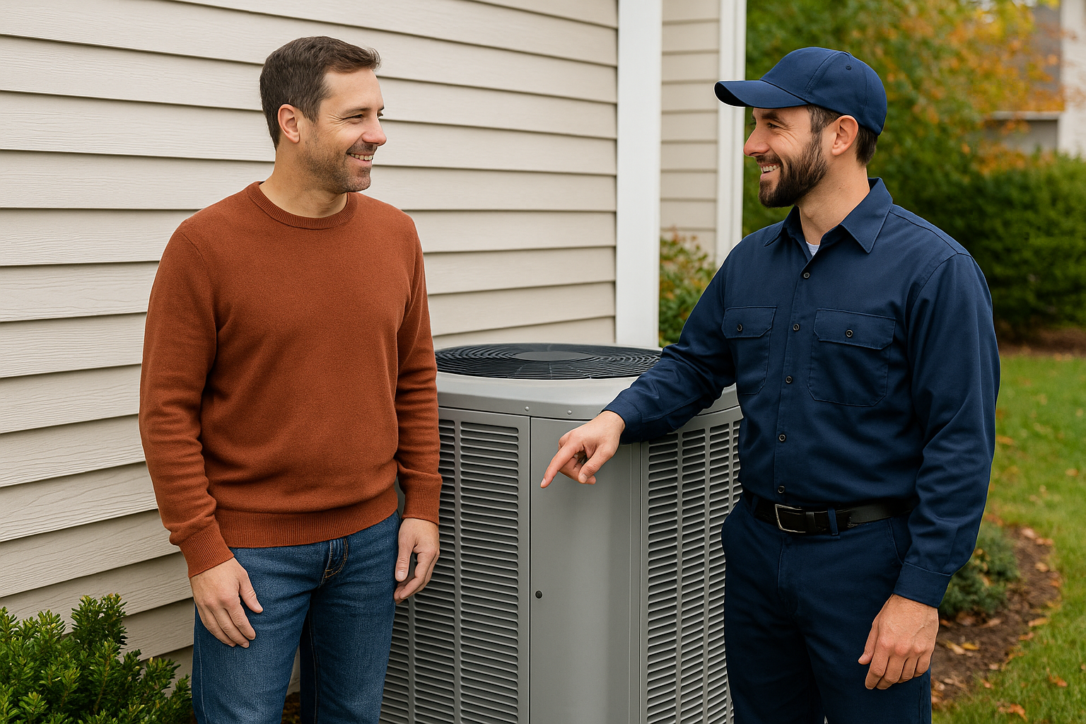 HVAC technician showing a Harrisburg homeowner how a modern heat pump system works outside their home, symbolizing year-round comfort and reliable heat pump service.