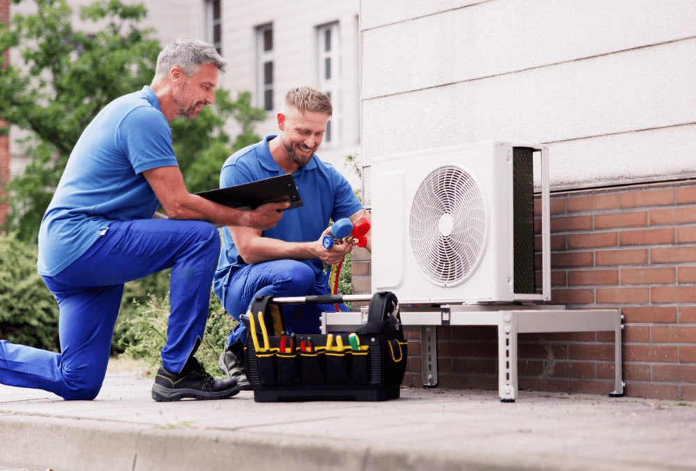 HVAC technician in navy-blue uniform inspecting an outdoor AC unit beside a brick house in a suburban neighborhood.