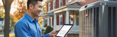 HVAC technician showing a homeowner inspection results on a tablet beside an outdoor AC unit in a Harrisburg, PA neighborhood. Brick homes and a tree-lined street in the background reflect Central Pennsylvania's residential charm.