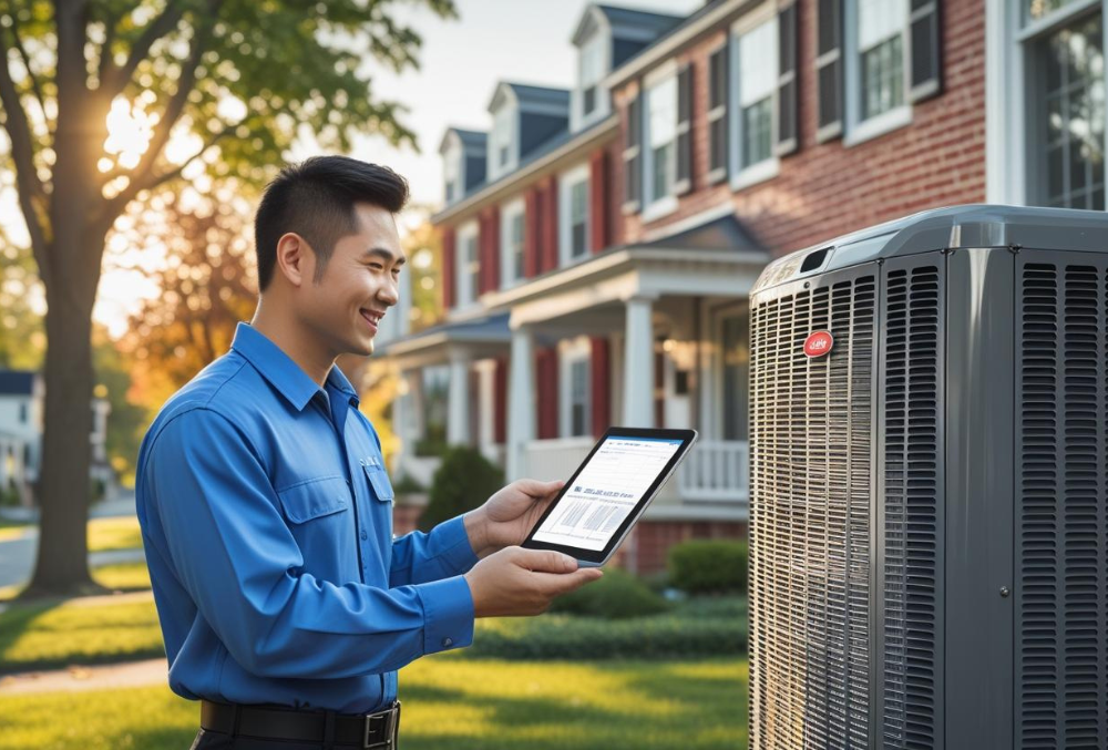 HVAC technician showing a homeowner inspection results on a tablet beside an outdoor AC unit in a Harrisburg, PA neighborhood. Brick homes and a tree-lined street in the background reflect Central Pennsylvania's residential charm.