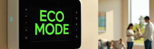 Smart thermostat displaying Eco Mode in a modern Harrisburg, PA home, helping a family reduce energy use and optimize HVAC efficiency.