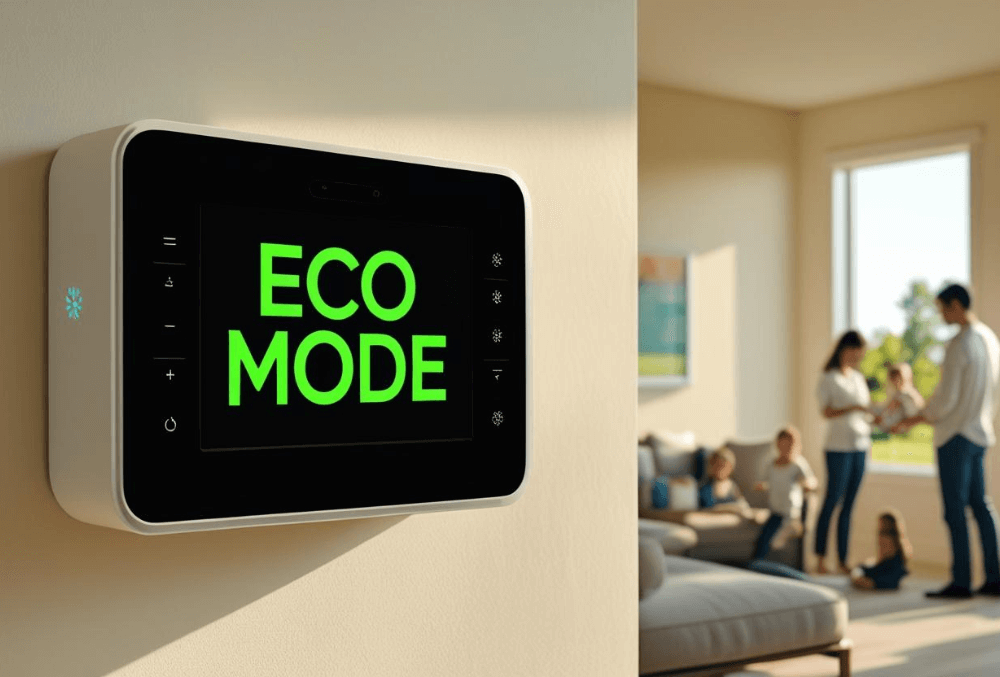 Smart thermostat displaying Eco Mode in a modern Harrisburg, PA home, helping a family reduce energy use and optimize HVAC efficiency.