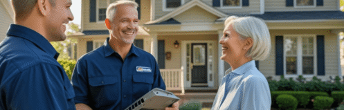 HVAC technician in navy uniform discusses air conditioner installation with smiling middle-aged couple beside their beige house.