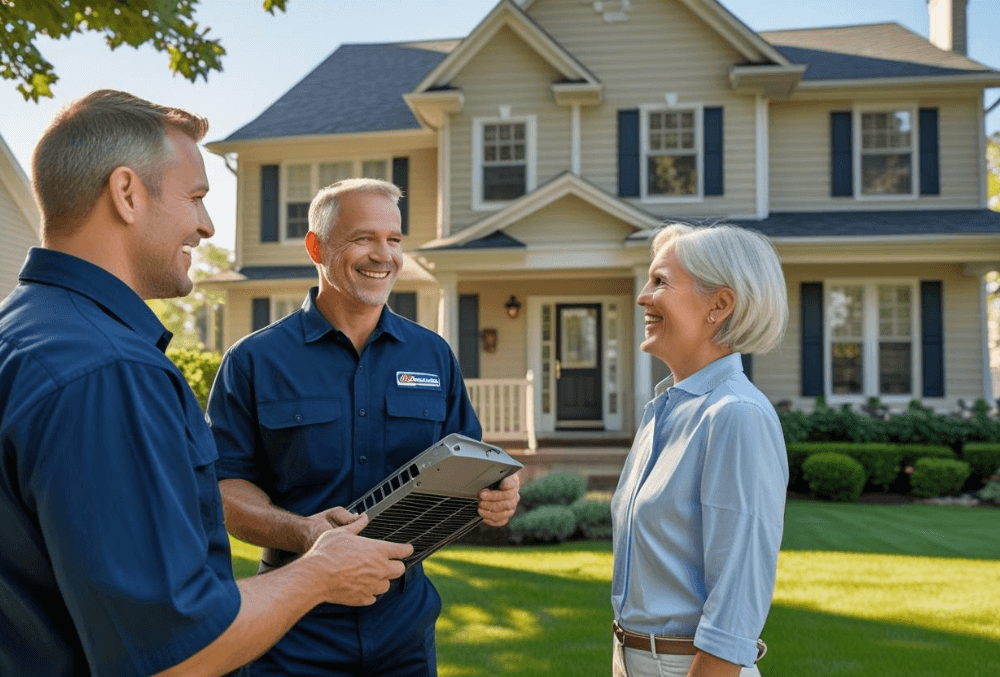 HVAC technician in navy uniform discusses air conditioner installation with smiling middle-aged couple beside their beige house.