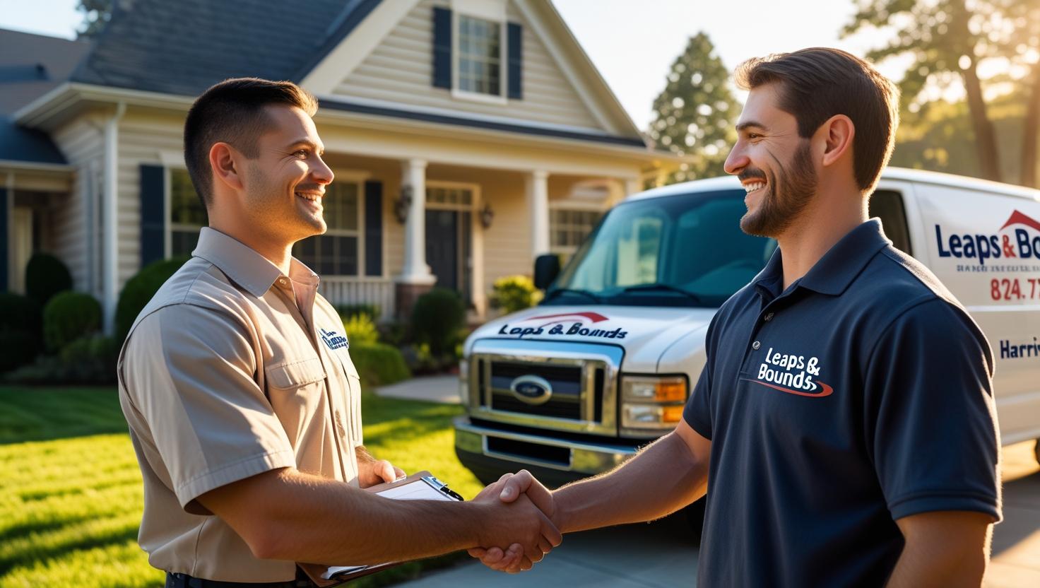 Leaps & Bounds HVAC technician greeting a Harrisburg homeowner with a handshake outside their home, symbolizing trust, local expertise, and personalized service.