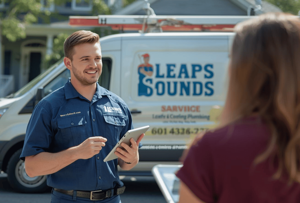 Leaps & Bounds HVAC technician talking with a homeowner in Camp Hill, PA, in front of a company service van, local heating, cooling, and plumbing expert providing personalized service.