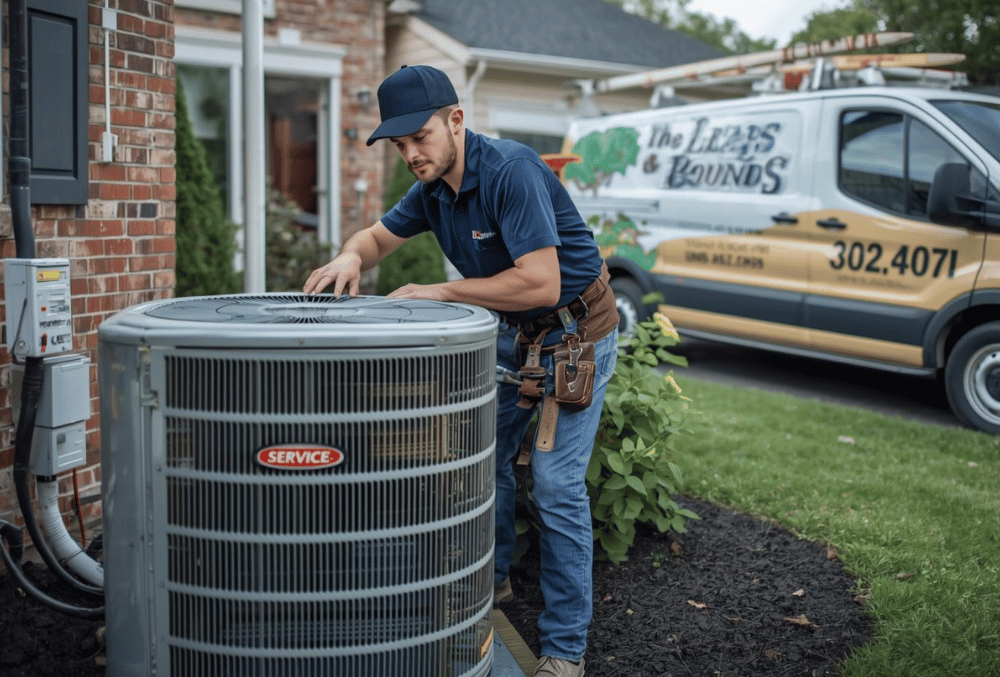 Leaps & Bounds HVAC technician talking with a homeowner in Camp Hill, PA, in front of a company service van, local heating, cooling, and plumbing expert providing personalized service.