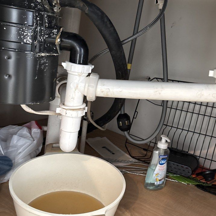 Leaps and Bounds technician clearing an under-sink P-trap during a drain cleaning call
