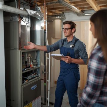 Certified HVAC technician explaining a newly installed furnace system to a Harrisburg homeowner in a bright basement, highlighting professional furnace installation services.