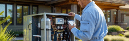 Geothermal HVAC system being inspected by a technician outside a sustainable Lancaster home with solar panels, green landscaping, and eco-friendly design elements.