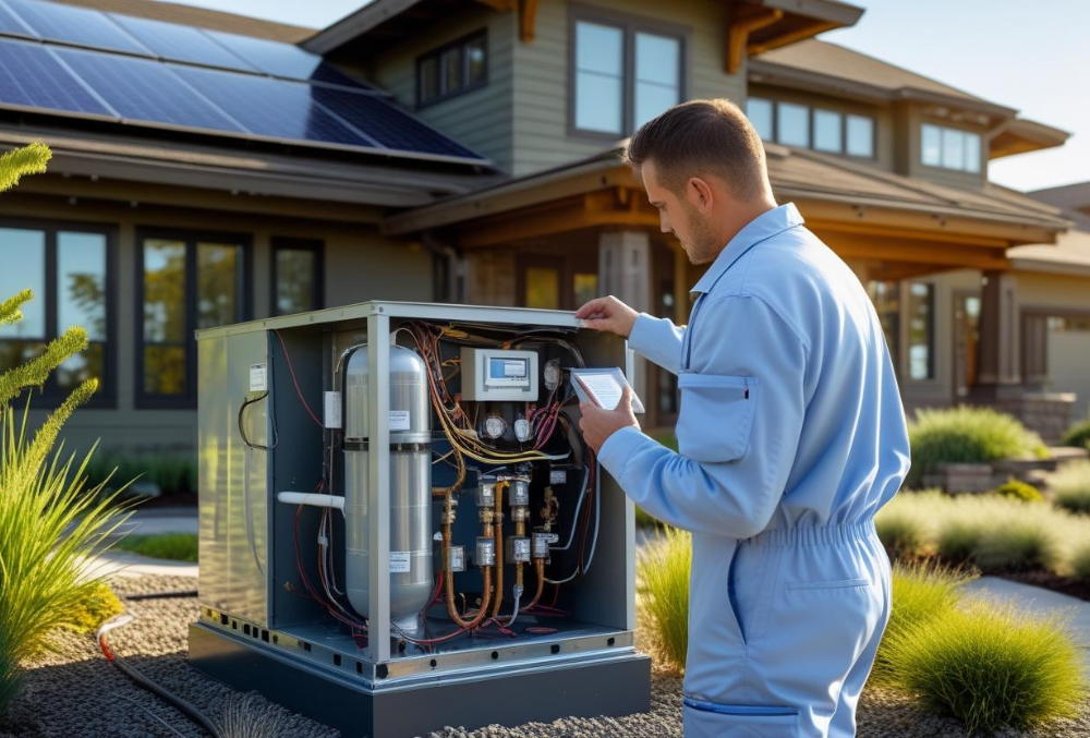 Geothermal HVAC system being inspected by a technician outside a sustainable Lancaster home with solar panels, green landscaping, and eco-friendly design elements.