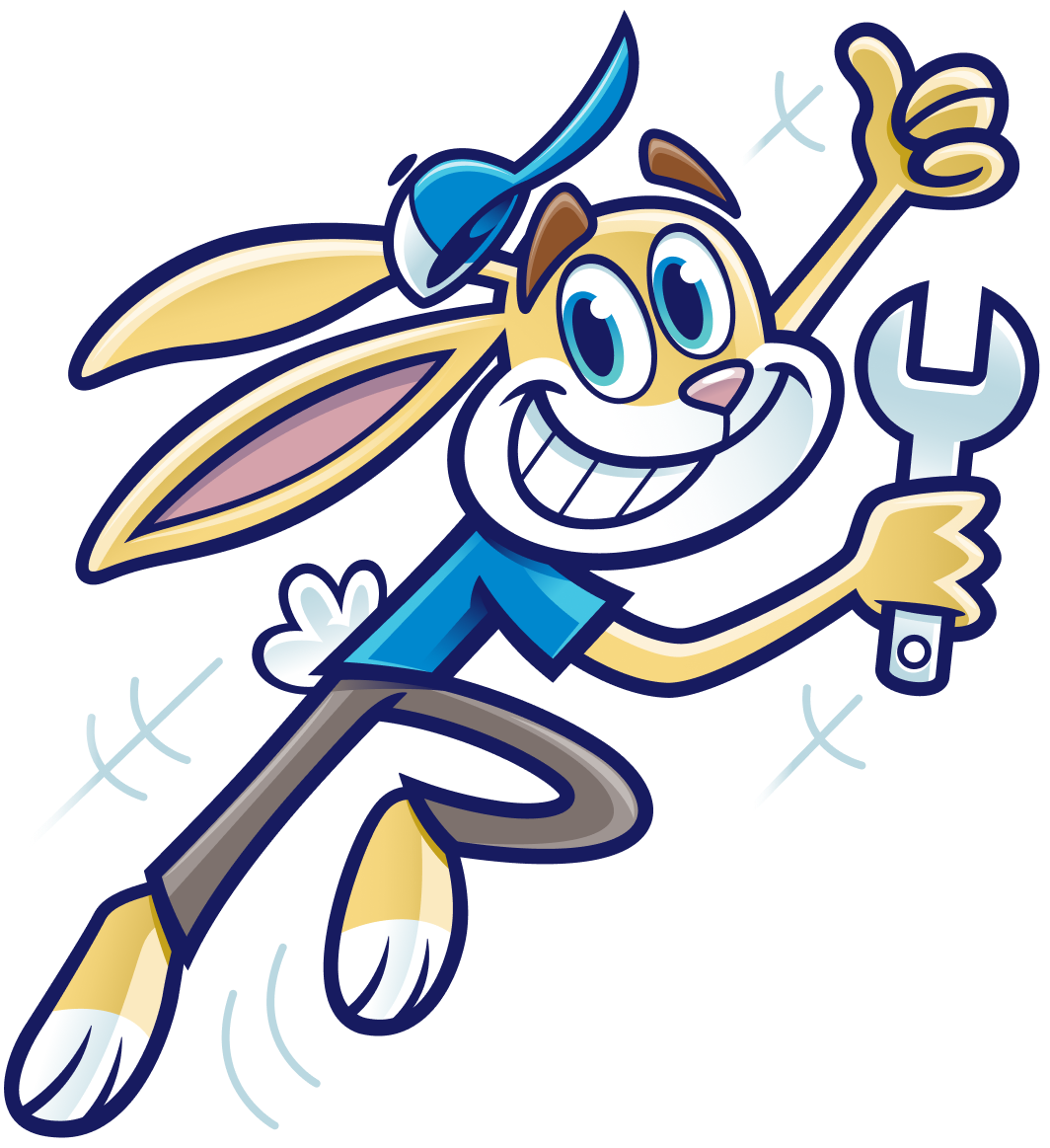 a graphic logo featuring a rabbit carrying a wrench